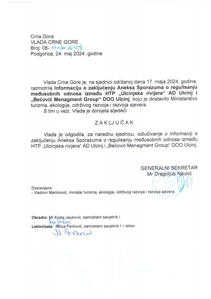 Информација о закључењу Анекса Споразума о регулисању међусобних односа између ХТП „Улцињска ривијера“ АД Улцињ и „Bećović Menagment Group“ ДОО Улцињ - ОДГОЂЕНО - закључци