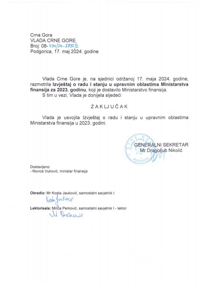 Извјештај о раду и стању у управним областима Министарства финансија за 2023. годину -  закључци