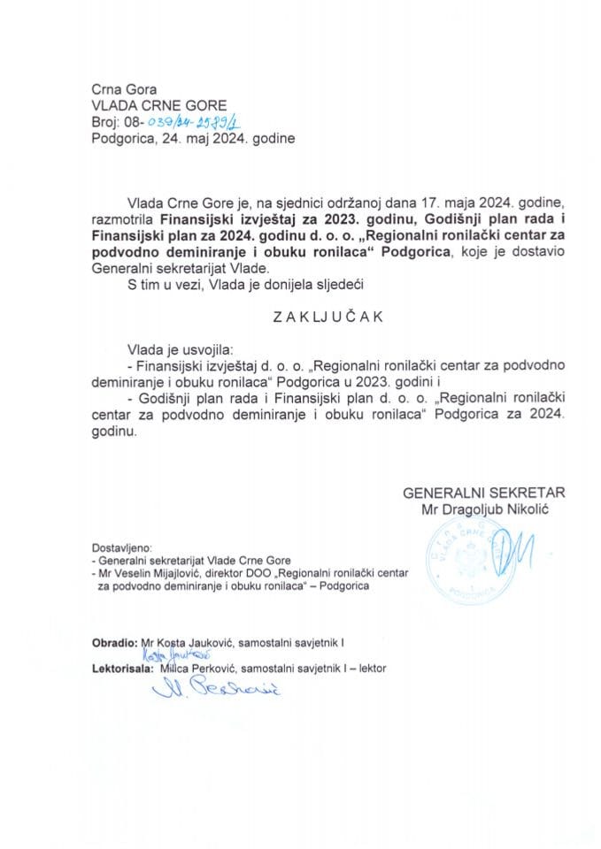 Финансијски извјештај за 2023. годину, Годишњи план рада и Финансијски план за 2024. годину "Регионални ронилачки центар за подводно деминирање и обуку ронилаца д.о.о. Подгорица - закључци