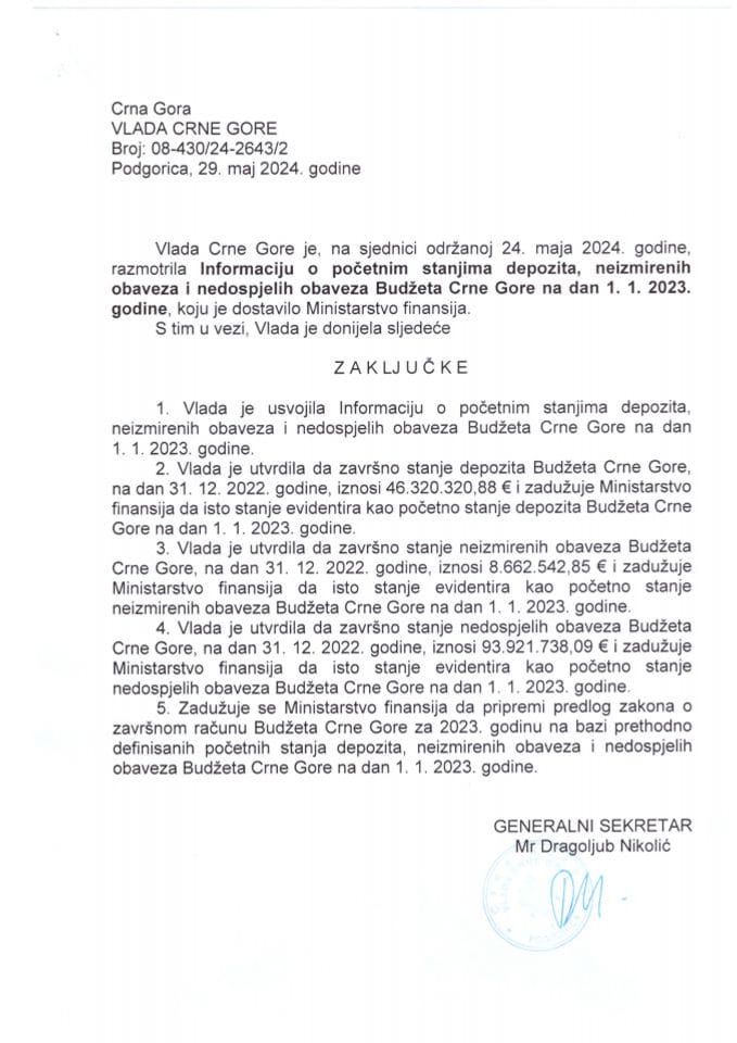 Informacija o početnim stanjima depozita, neizmirenih obaveza i nedospjelih obaveza budžeta Crne Gore na dan 01.01.2023. godine - zaključci