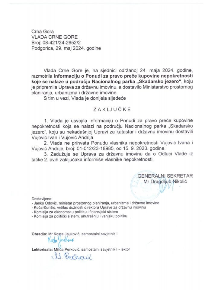 Информација о понуди за право прече куповине непокретности које се налазе у подручју Националног парка „Скадарско језеро“ - закључци