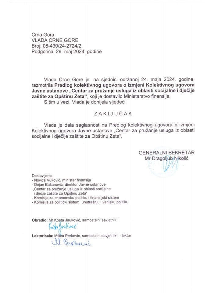 Predlog kolektivnog ugovora o izmjeni Kolektivnog ugovora Javne ustanove „Centar za pružanje usluga iz oblasti socijalne i dječije zaštite za Opštinu Zeta“ - zaključci