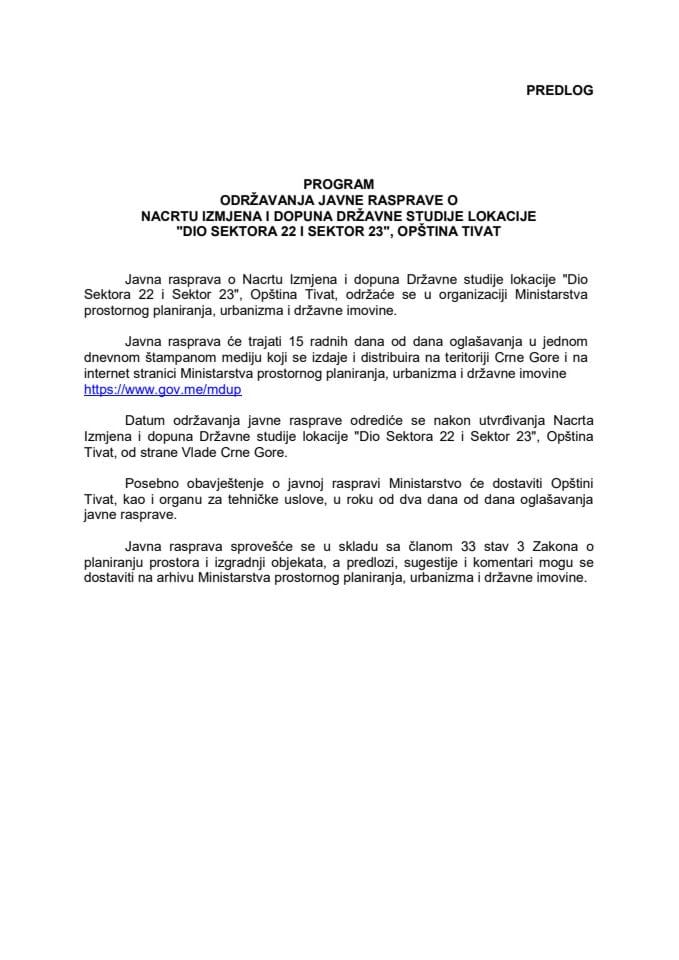 Nacrt izmjena i dopuna Državne studije lokacije „Dio Sektora 22 i Sektor 23“, Opština Tivat s Predlogom programa javne rasprave