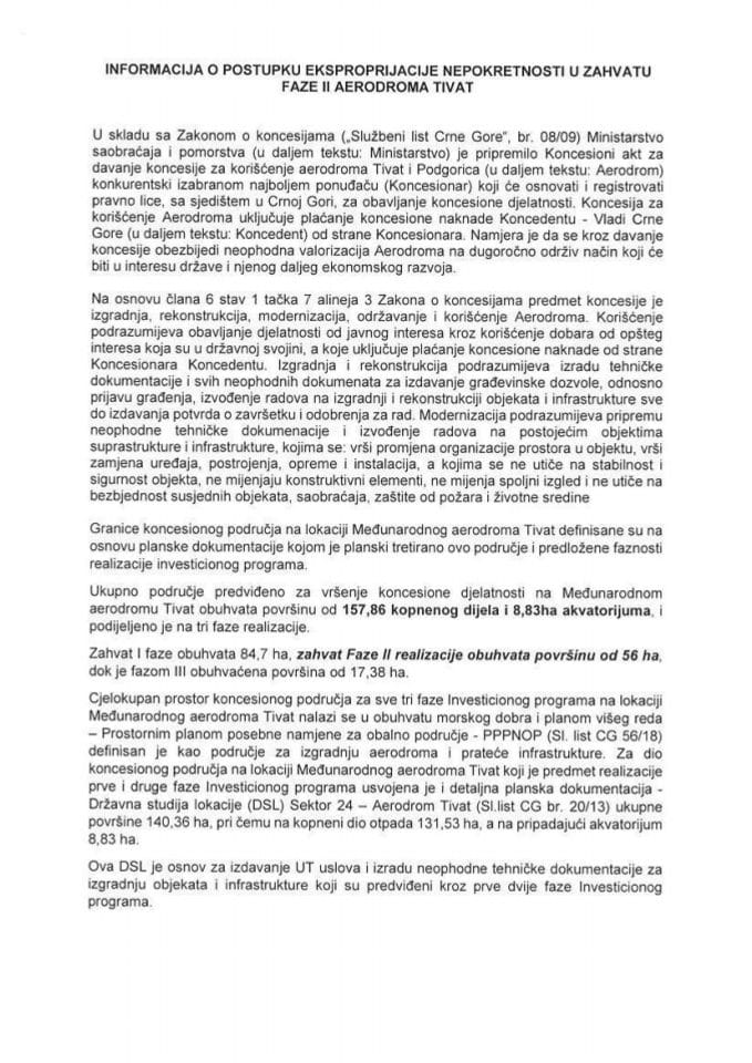 Informacija o postupku eksproprijacije nepokretnosti u zahvatu Faze II Aerodroma Tivat