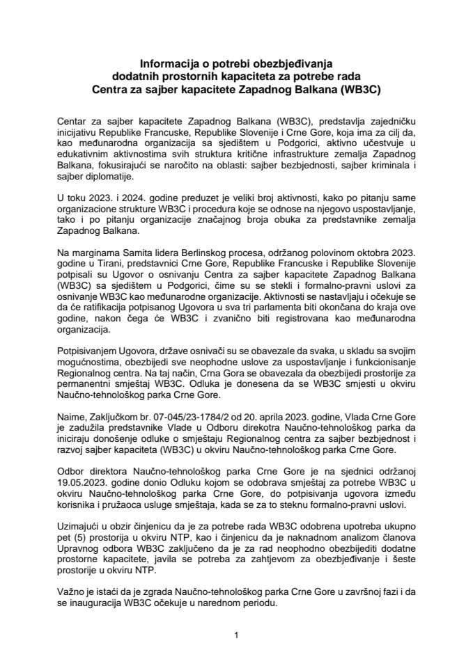 Informacija o potrebi obezbjeđivanja dodatnih prostornih kapaciteta za potrebe rada Centra za sajber kapacitete Zapadnog Balkana (WB3C)