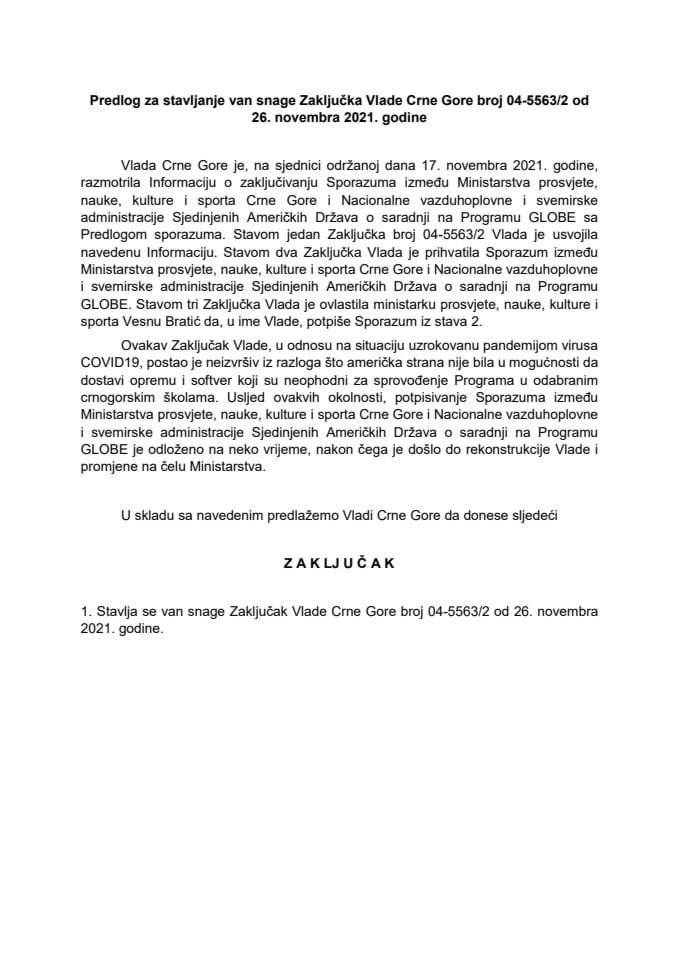 Predlog za stavljanje van snage Zaključka Vlade Crne Gore, broj: 04-5563/2, od 26. novembra 2021. godine