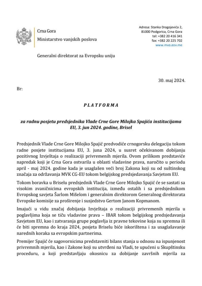 Predlog platforme za radnu posjetu predsjednika Vlade Crne Gore Milojka Spajića institucijama Evropske unije, 3. jun 2024. godine, Brisel, Belgija