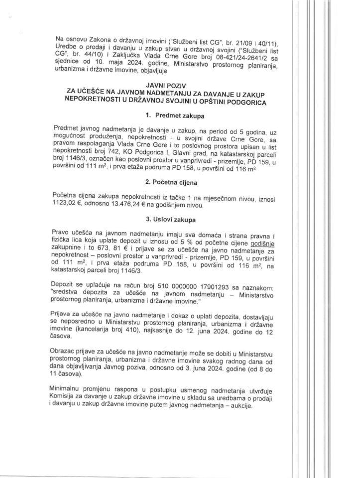 Јавни позив за учешће на јавном надметању за давање у закуп непокретности у државној својини у Општини Подгорица