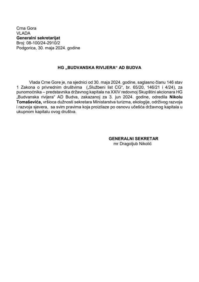 Predlog za određivanje punomoćnika - predstavnika državnog kapitala na 24. redovnoj Skupštini akcionara HG "Budvanska rivijera" AD Budva
