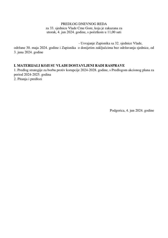 Предлог дневног реда за 33. сједницу Владе Црне Горе