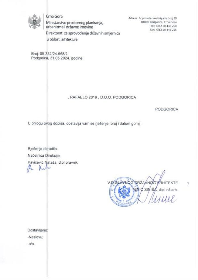 Rješenja glavnog državnog arhitekte - 31.05.2024 Rješenje -RAFAELO 2019 DOO, Podgorica -Opština Bar