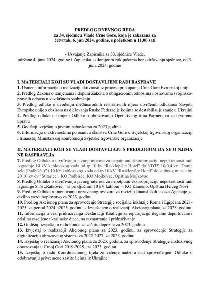 Предлог дневног реда за 34. сједницу Владе Црне Горе