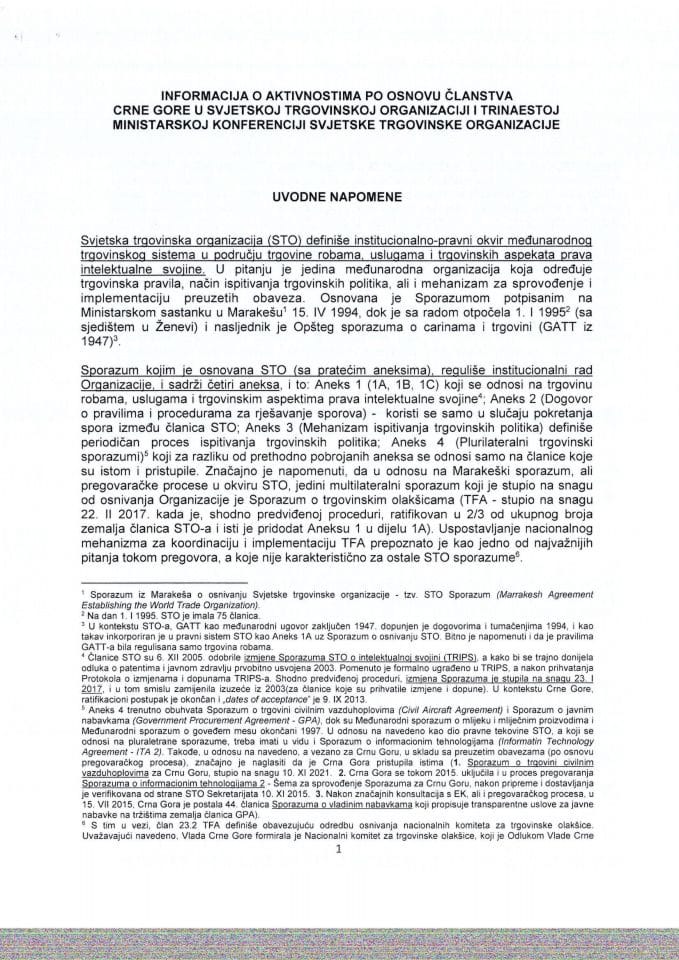 Informacija o aktivnostima po osnovu članstva Crne Gore u Svjetskoj trgovinskoj organizaciji i trinaestoj Ministarskoj konferenciji Svjetske trgovinske organizacije