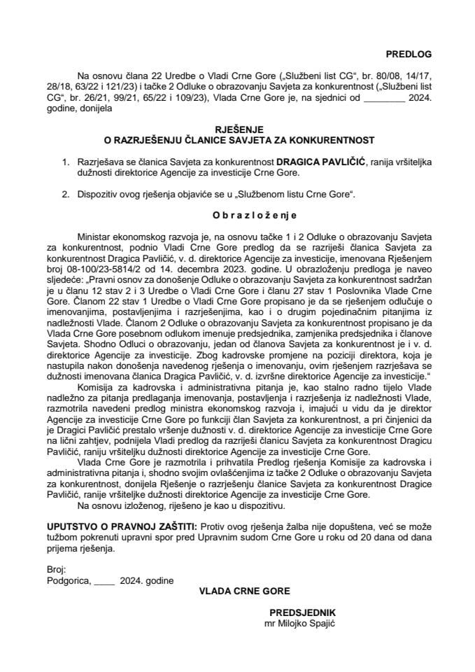 Predlog za razrješenje članice Savjeta za konkurentnost