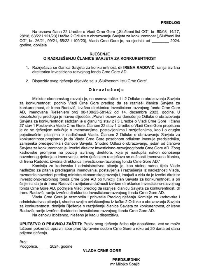 Predlog za razrješenje članice Savjeta za konkurentnost