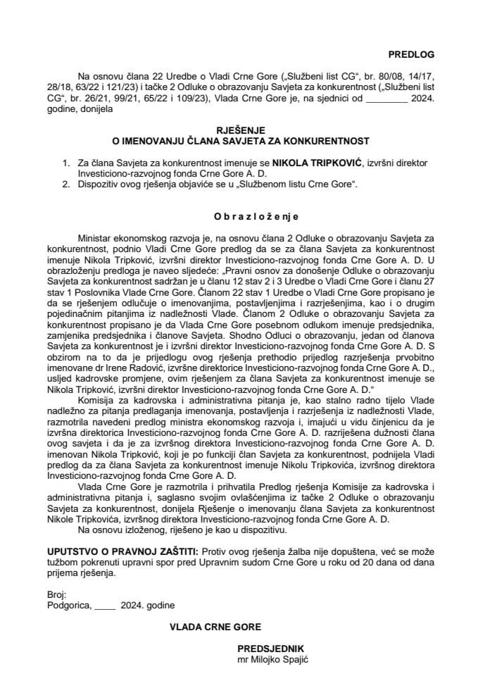 Predlog za imenovanje člana Savjeta za konkurentnost