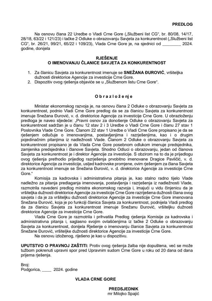 Predlog za imenovanje članice Savjeta za konkurentnost