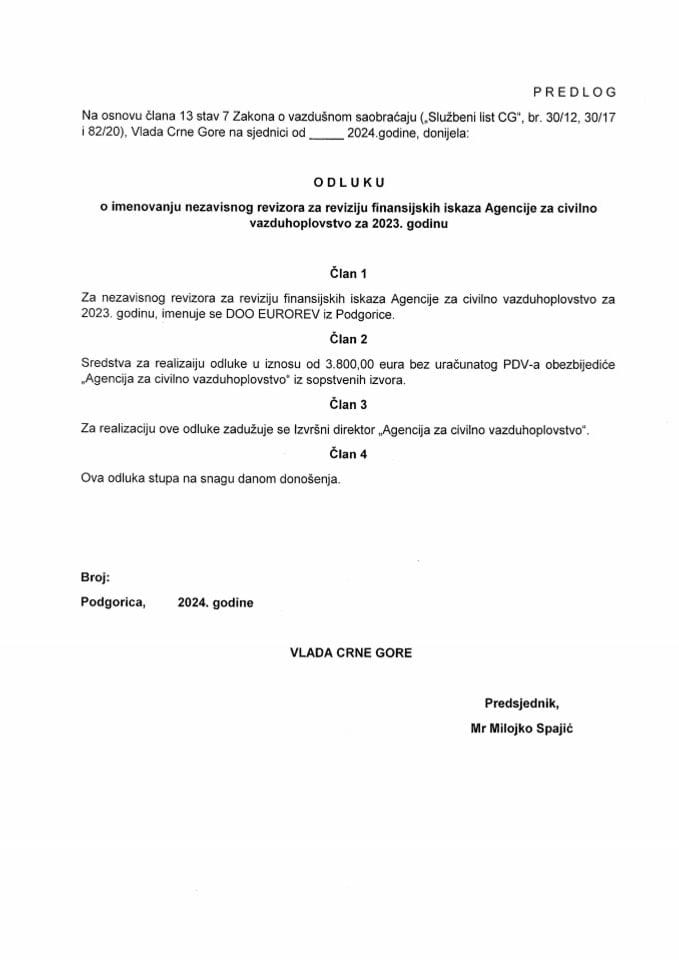 Predlog odluke o imenovanju nezavisnog revizora za reviziju finansijskih iskaza Agencije za civilno vazduhoplovstvo za 2023. godinu