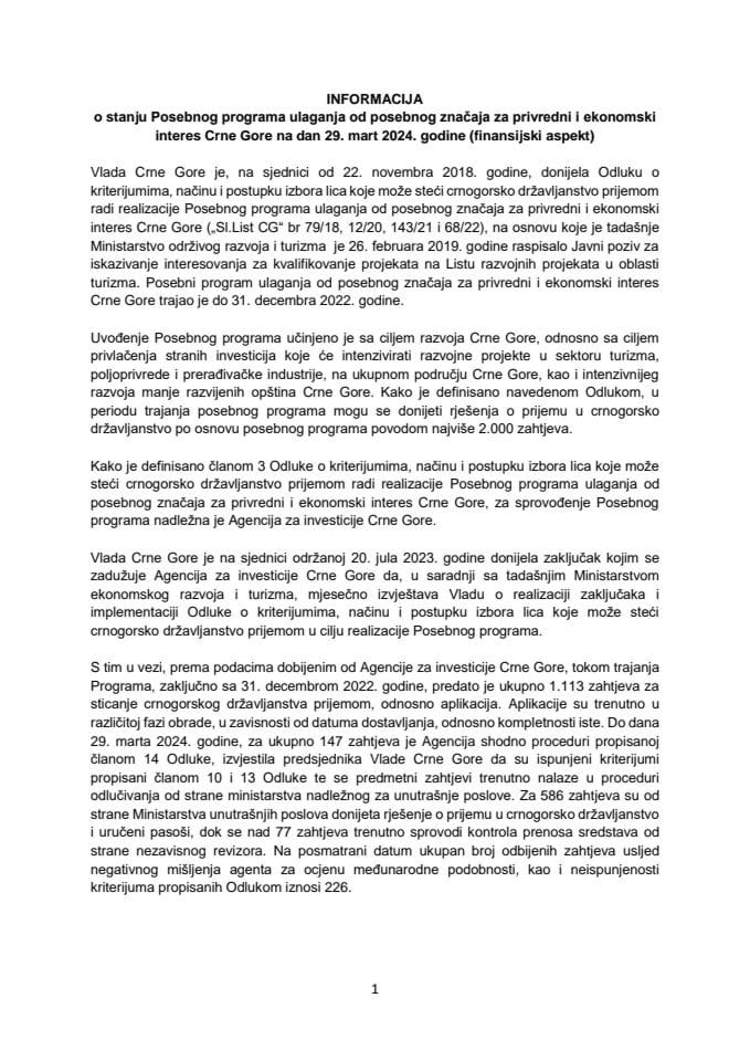 Informacija o stanju Posebnog programa ulaganja od posebnog značaja za privredni i ekonomski interes Crne Gore na 29. mart 2024. godine - finansijski aspekt