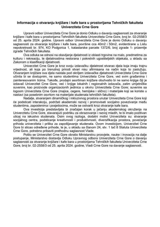 Informacija o otvaranju knjižare i kafe bara u prostorijama Tehničkih fakulteta Univerziteta Crne Gore