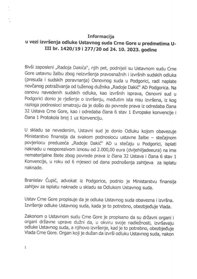 Informacija u vezi izvršenja odluka Ustavnog suda Crne Gore U-III br. 1420/19 i 277/20, od 24. 10. 2023. godine