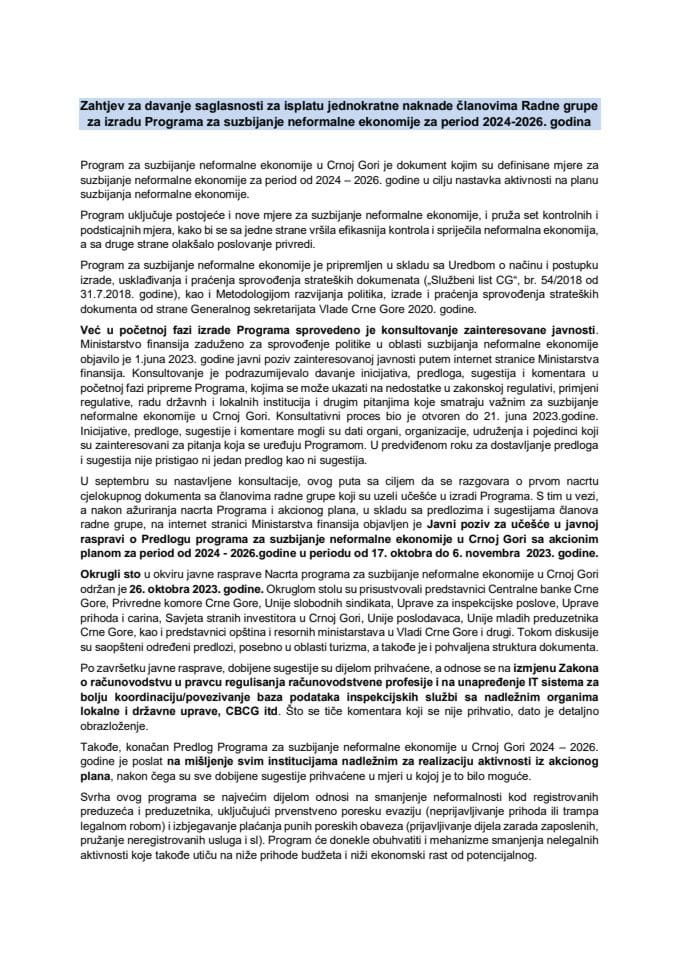 Zahtjev za davanje saglasnosti za isplatu jednokratne naknade članovima Radne grupe za izradu Programa za suzbijanje neformalne ekonomije za period 2024 – 2026.