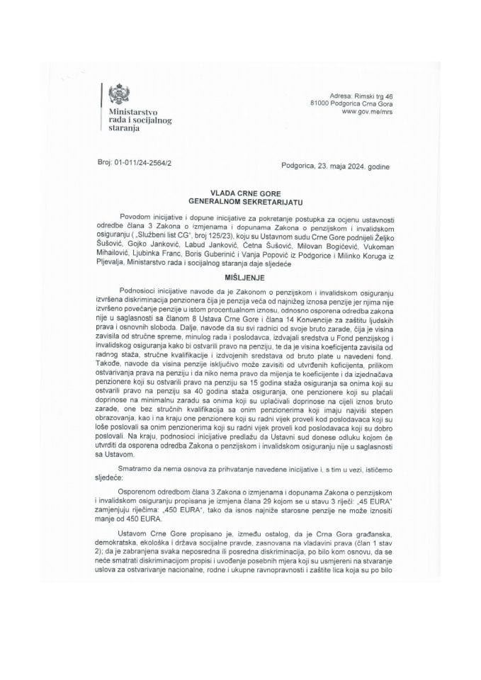 Predlog mišljenja povodom inicijative i dopune inicijative za pokretanje postupka za ocjenu ustavnosti odredbe člana 3 Zakona o izmjenama i dopunama Zakona o penzijskom i invalidskom osiguranju