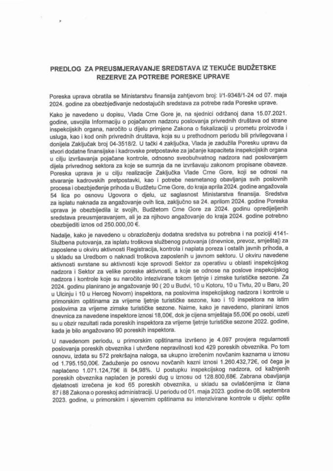 Predlog za preusmjeravanje sredstava iz Tekuće budžetske rezerve za potrebe Poreske uprave