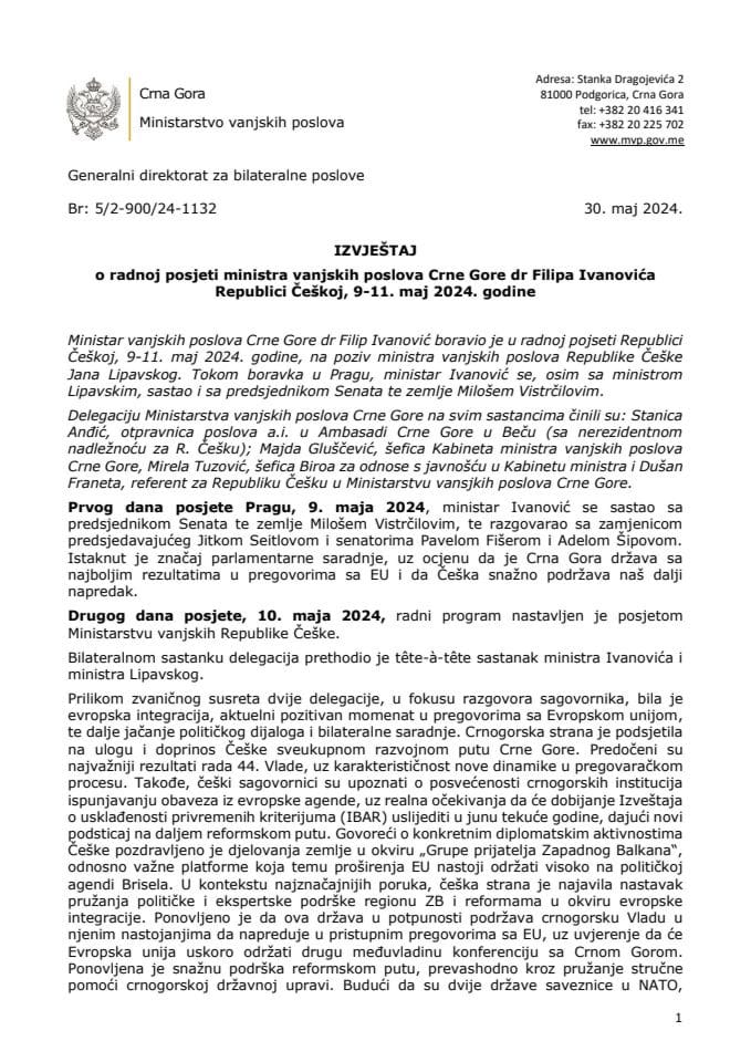 Izvještaj o radnoj posjeti ministra vanjskih poslova dr Filipa Ivanovića Republici Češkoj, 9−11. maj 2024. godine
