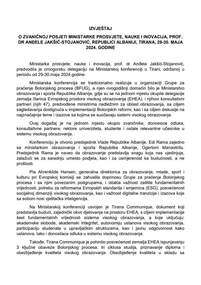 Izvještaj o zvaničnoj posjeti ministarke prosvjete, nauke i inovacija, prof. dr Anđele Jakšić-Stojanović, Republici Albaniji, Tirana, 29-30. maja 2024. godine