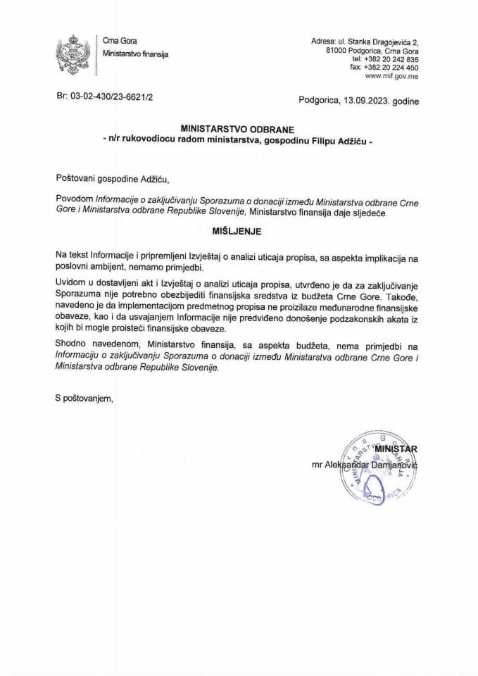 Informacija o zaključivanju Sporazuma o donaciji između Min. odbrane CG i Min. odbrane Republike Slovenije - mišljenje Ministarstva finansija