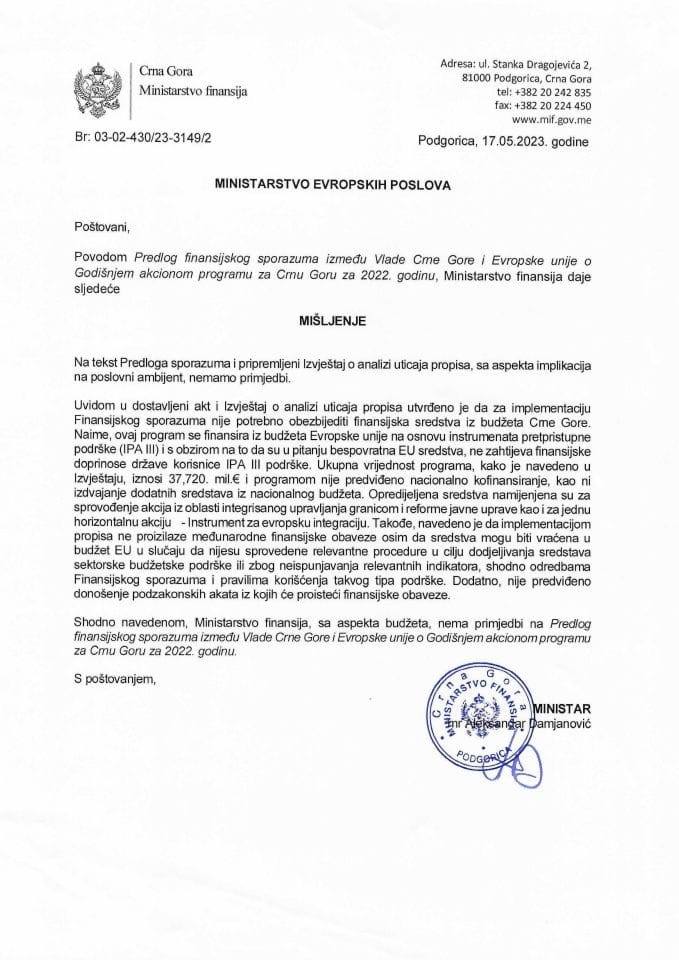 Predlog finansijskog Sporazuma između Vlade Crne Gore i EU - mišljenje Ministarstva finansija