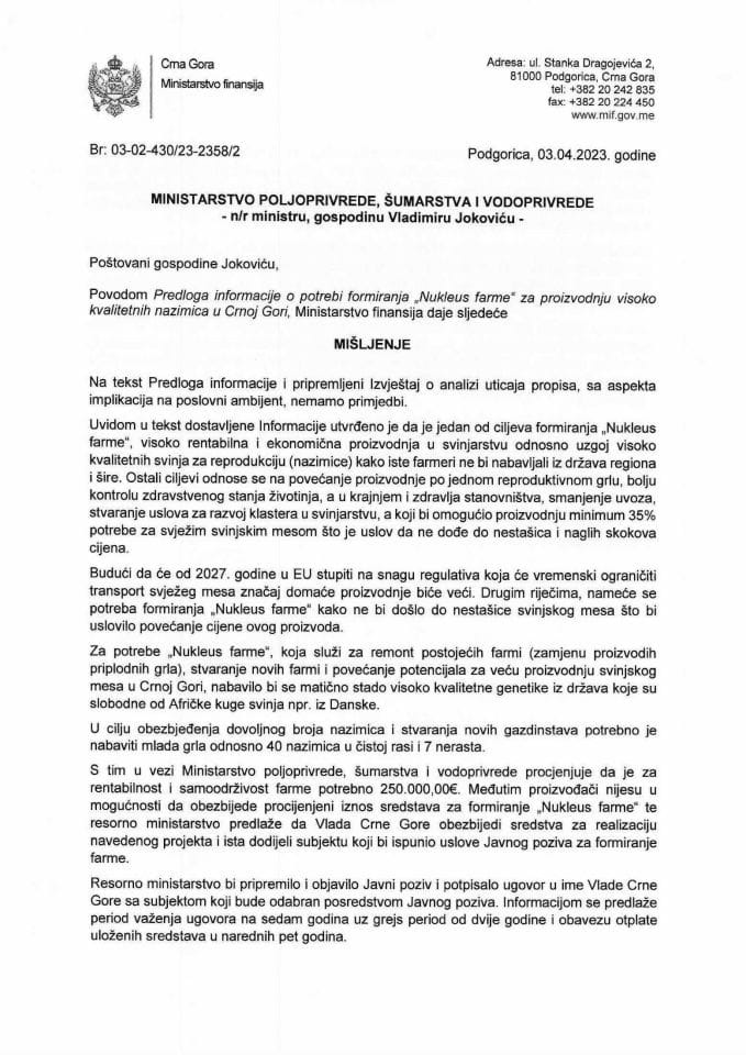 Predlog informacije o potrebi formiranja Nukelus farme - mišljenje Ministarstva finansija
