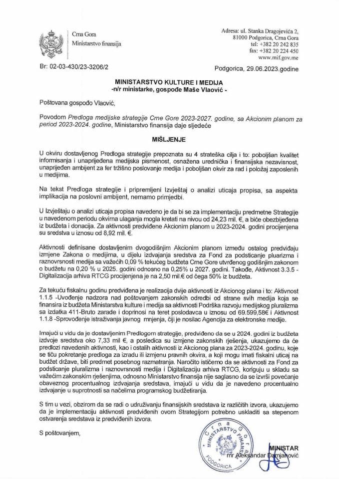 Предлог медијске стратегије Црне Горе 2023-2027 - мишљење Министарства финансија