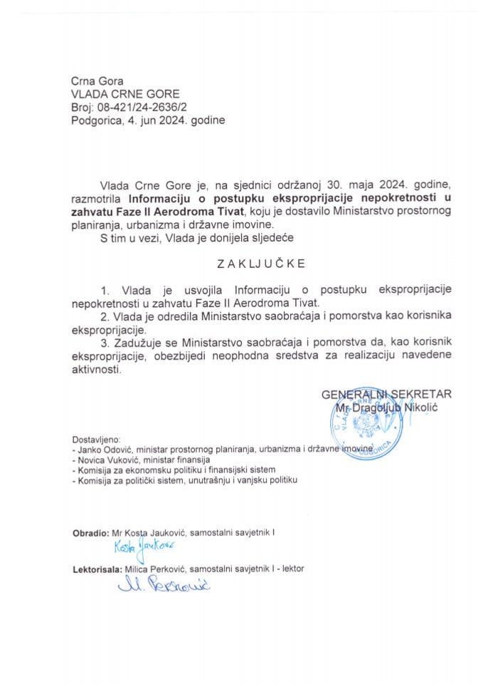 Informacija o postupku eksproprijacije nepokretnosti u zahvatu Faze II Aerodroma Tivat - zaključci