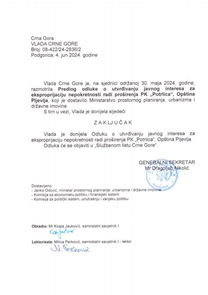 Predlog odluke o utvrđivanju javnog interesa za eksproprijaciju nepokretnosti radi proširenja PK „Potrlica“, Opština Pljevlja - zaključci