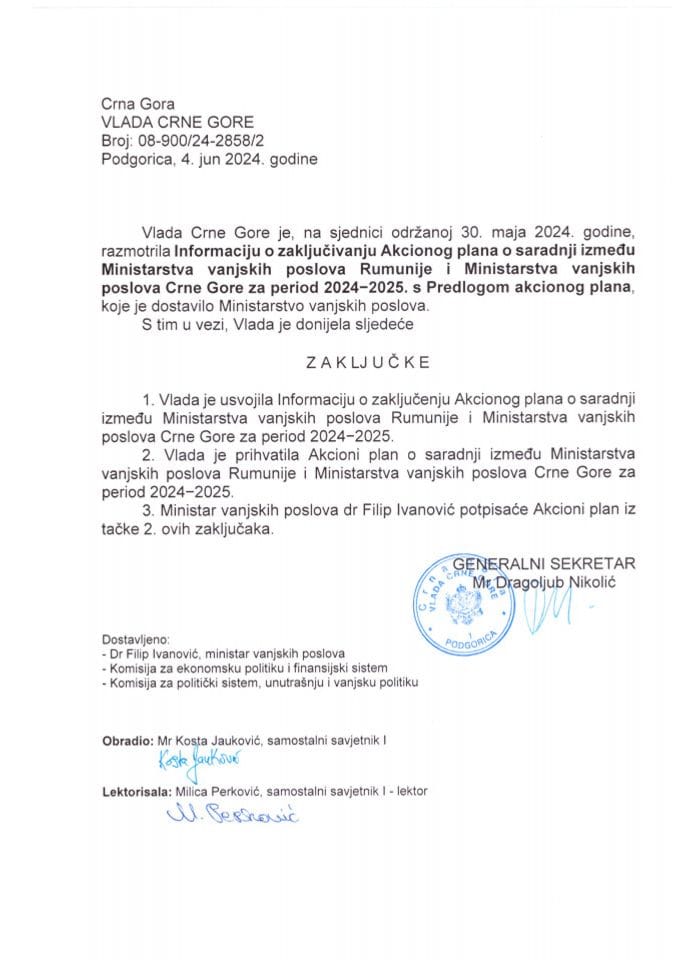 Informacija o zaključivanju Akcionog plana o saradnji između Ministarstva vanjskih poslova Rumunije i Ministarstva vanjskih poslova Crne Gore za period 2024-2025. s Predlogom akcionog plana - zaključci