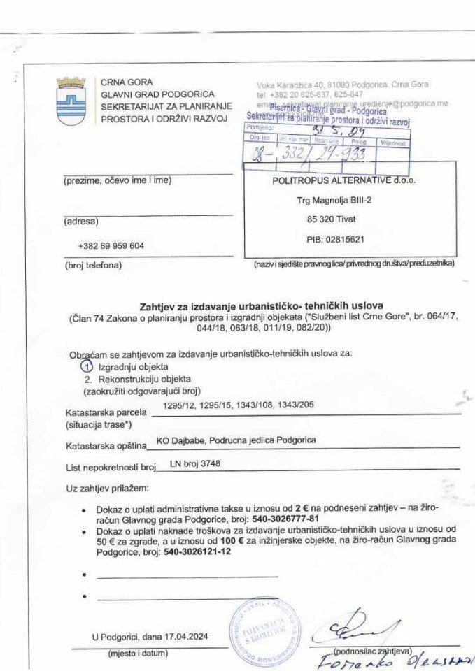 Zahtjevi za izdavanje urbanističko tehničkih uslova - 06_333_24_7817_1 POLITROPUS ALTERNATIVE