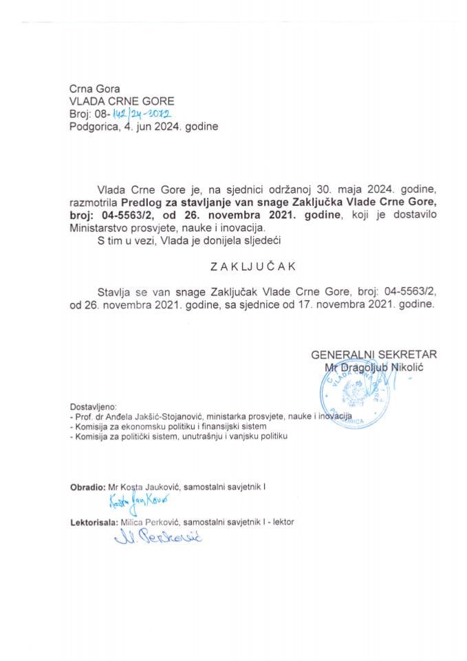 Предлог за стављање ван снаге Закључка Владе Црне Горе, број: 04-5563/2, од 26. новембра 2021. године - закључци