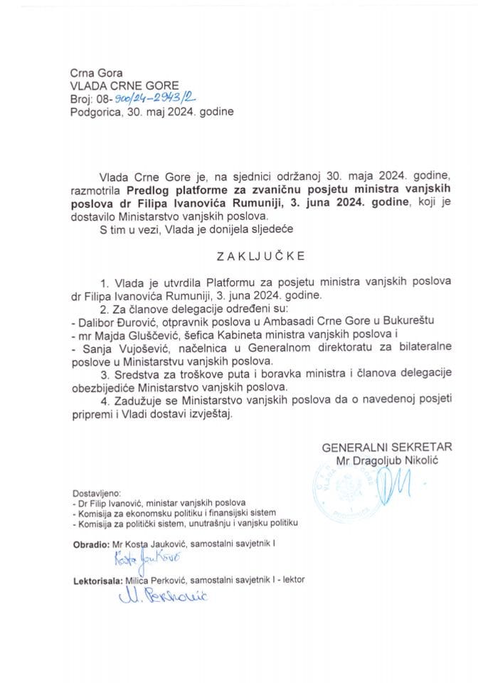 Предлог платформе за званичну посјету министра вањских послова др Филипа Ивановића Румунији, 3. јуна 2024. године - закључци