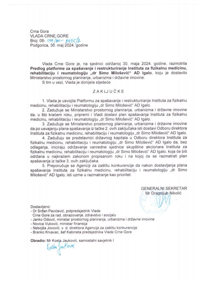 Predlog platforme za spašavanje i restrukturiranje Instituta za fizikalnu medicinu, rehabilitaciju i reumatologiju „dr Simo Milošević“ AD Igalo - zaključci