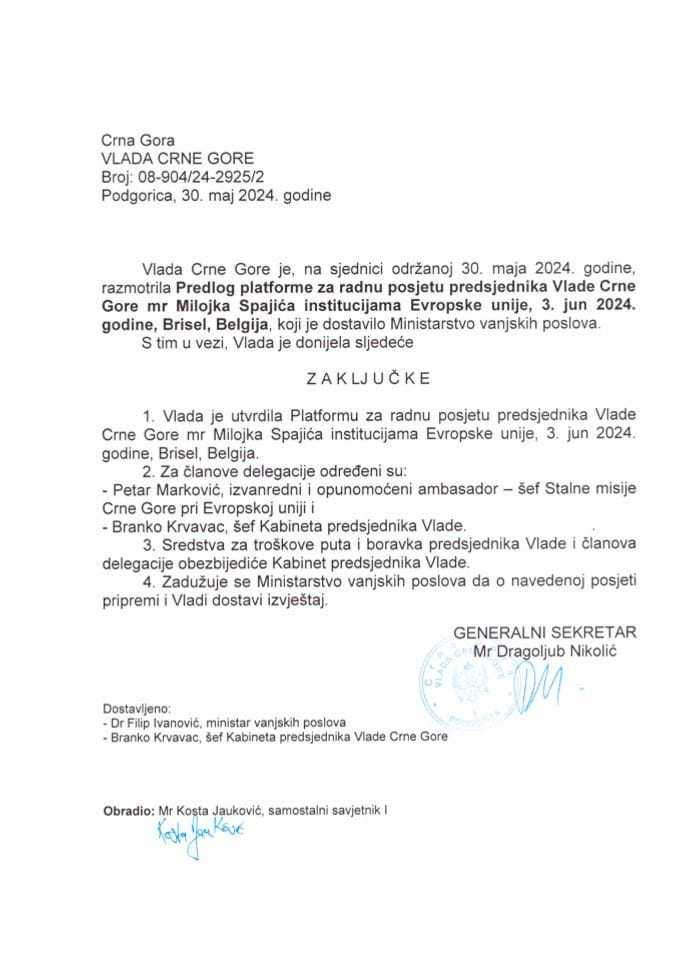 Predlog platforme za radnu posjetu predsjednika Vlade Crne Gore Milojka Spajića institucijama Evropske unije, 3. jun 2024. godine, Brisel, Belgija - zaključci