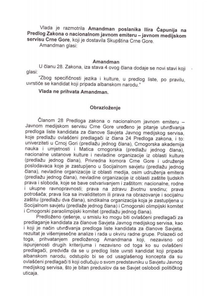 Predlog mišljenja na Amandman poslanika Ilira Čapunija na Predlog Zakona o nacionalnom javnom emiteru – javnom medijskom servisu Crne Gore