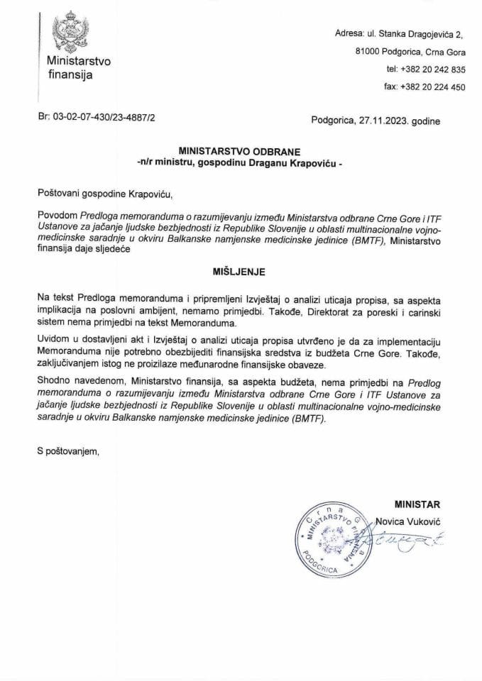 Predlog memoranduma o razumijevanju između MO Crne Gore i ITF Ustanove za jačanje bezbjednosti - mišljenje Ministarstva finansija