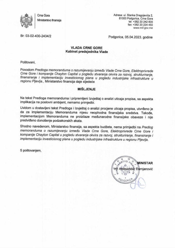 Predlog memoranduma o razumijevanju između Vlade Crne Gore, EPCG i kompanije Chayton Capital - mišljenje Ministarstva finansija
