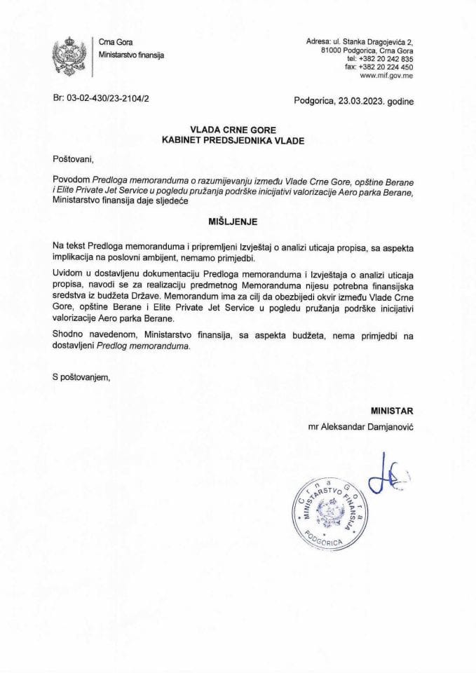 Predlog memoranduma o razumijevanju između Vlade Crne Gore, opštine Berane i Elite Private Jet Service - mišljenje Ministarstva finansija