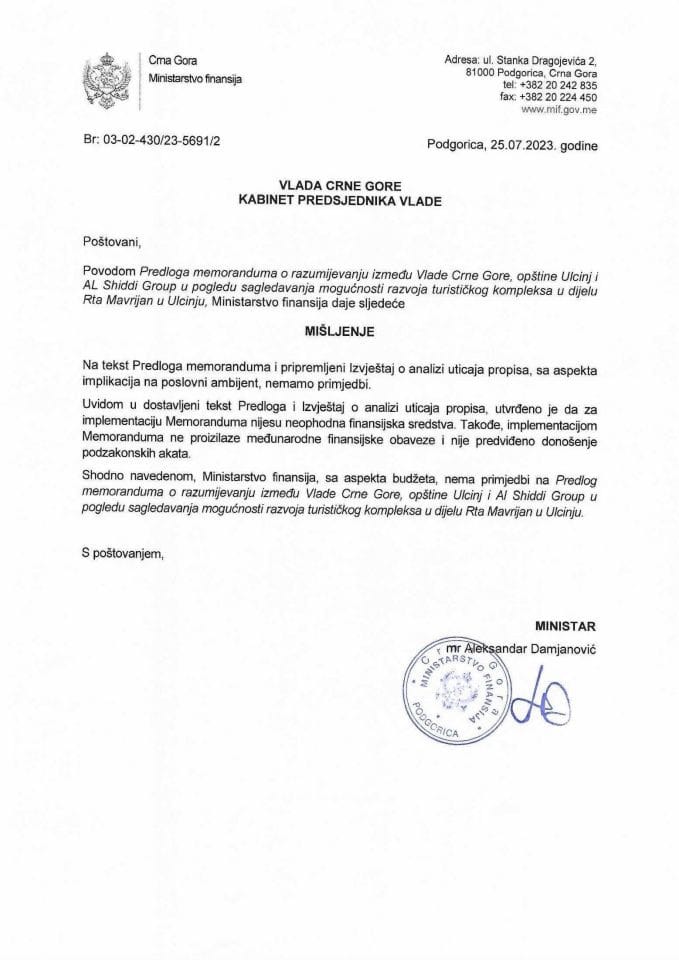 Predlog memoranduma o razumijevanju između Vlade Crne Gore, opštine Ulcinj i AL Shiddi Group - mišljenje Ministarstva finansija