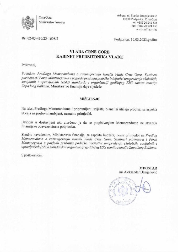 Predlog memoranduma o razumijevanju između Vlade Crne Gore, Sustineri partners-a i Porto Montenegro-a - mišljenje Ministarstva finansija