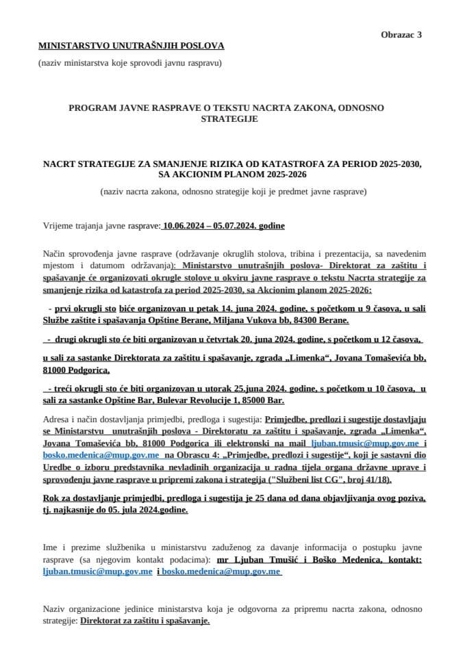 Program javne rasprave o tekstu strategije za smanjenje rizika od katastrofa za period 2025-2030 sa akcionim planom 2025-2026