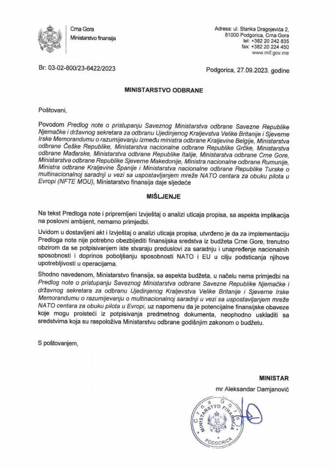 Predlog note o pristupanju u vezi sa uspostavljanjem mreže NATO centara - mišljenje Ministarstva finansija